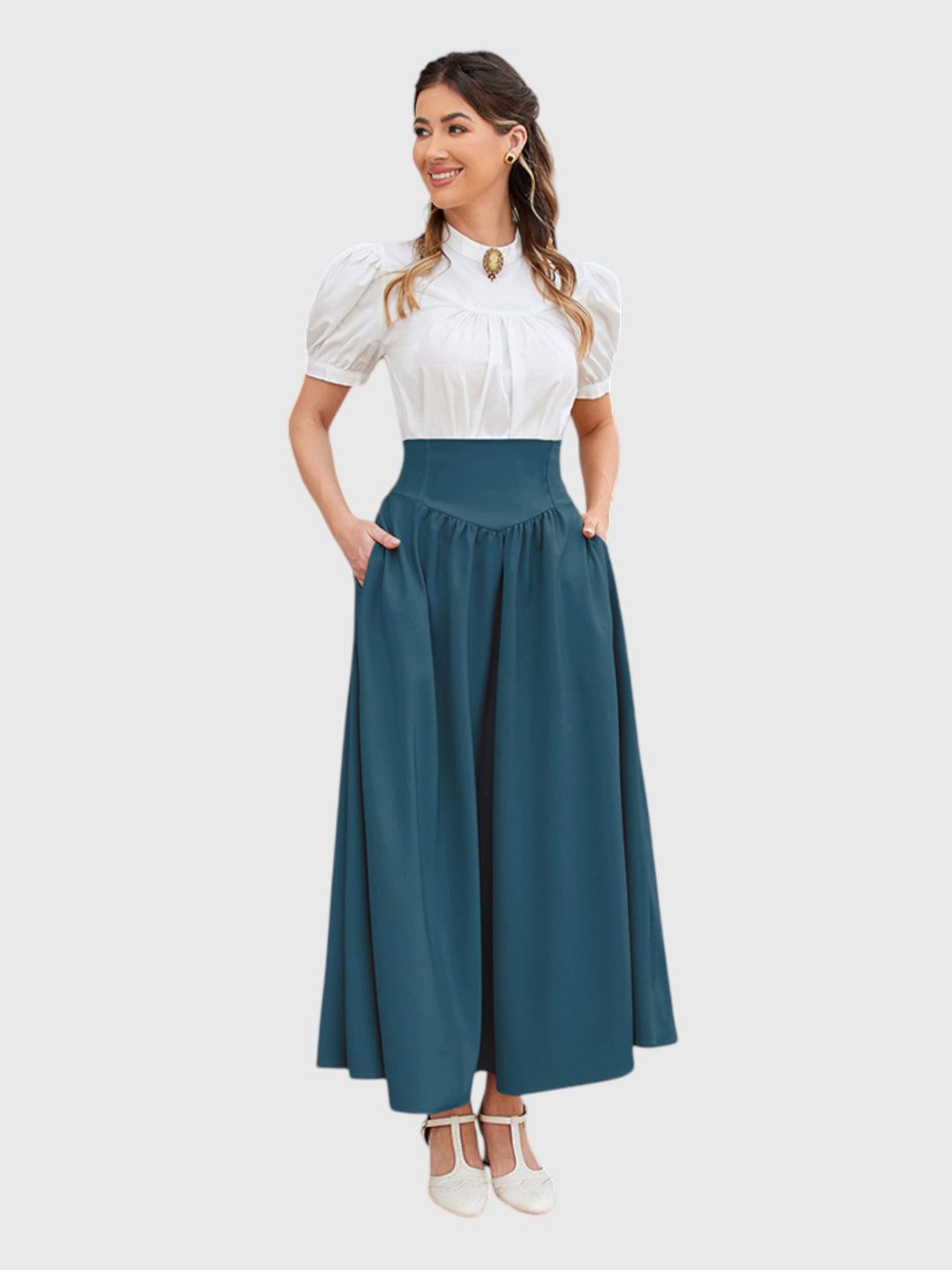 Blue Vintage High Waist Swing Maxi Skirt