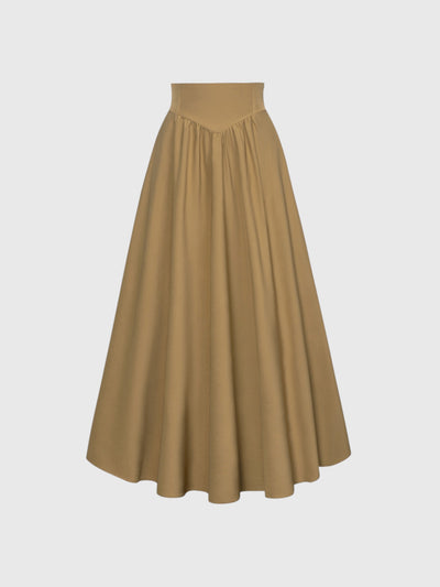 Khaki Vintage High Waist Swing Maxi Skirt