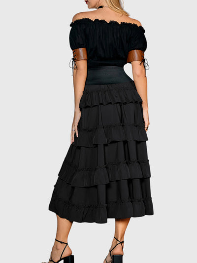 Black Shirred Ruffle A-Line Skirt