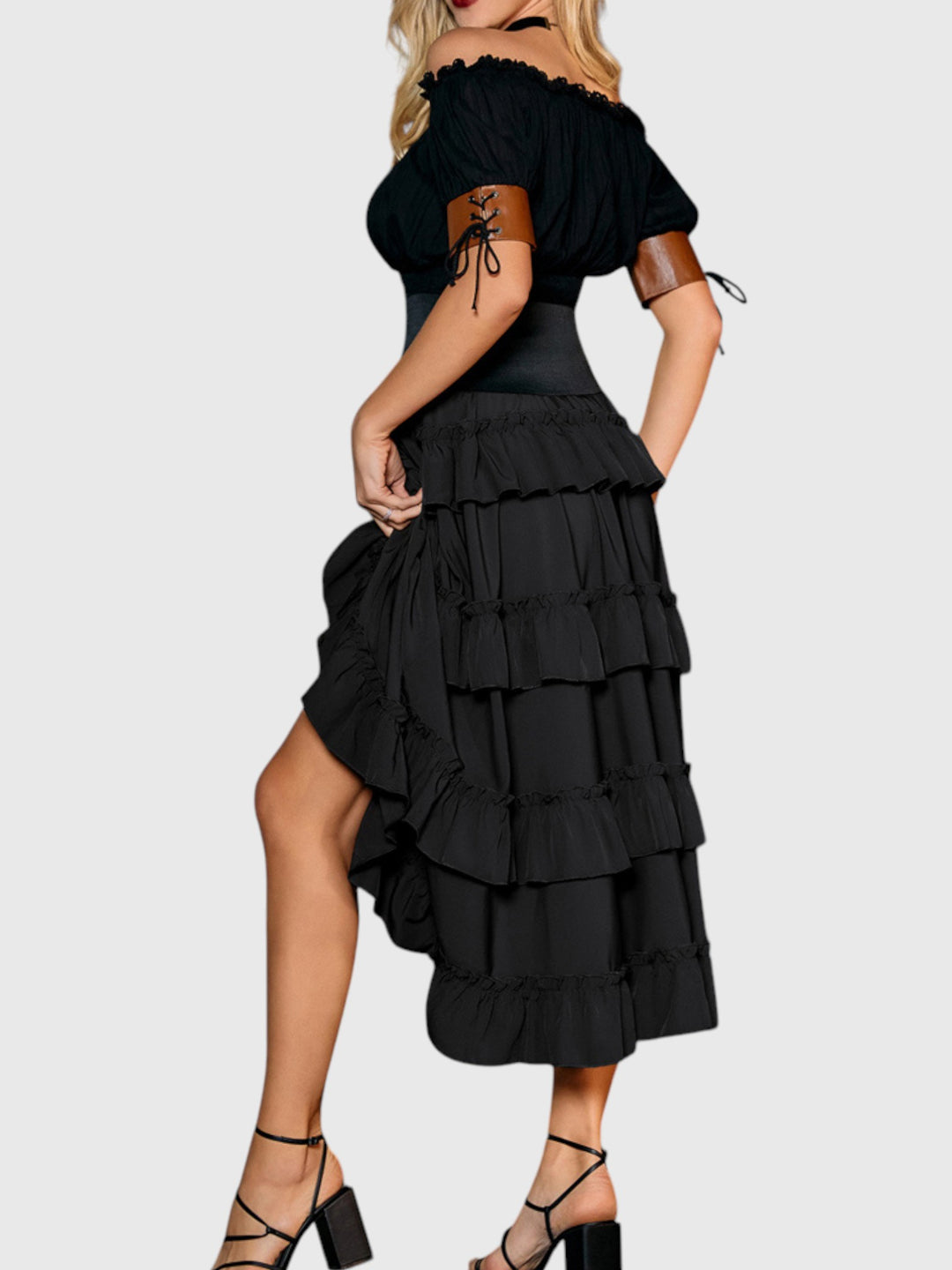 Black Shirred Ruffle A-Line Skirt