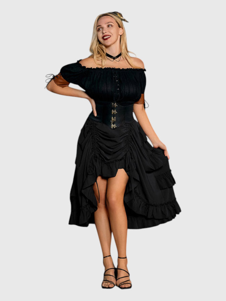 Black Shirred Ruffle A-Line Skirt
