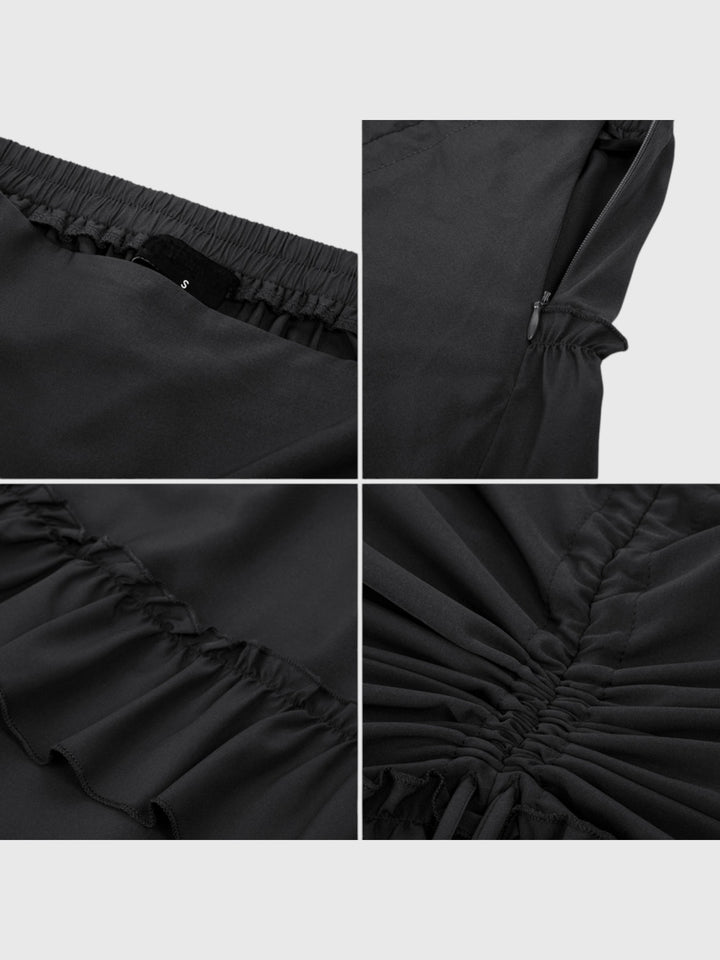 Black Shirred Ruffle A-Line Skirt