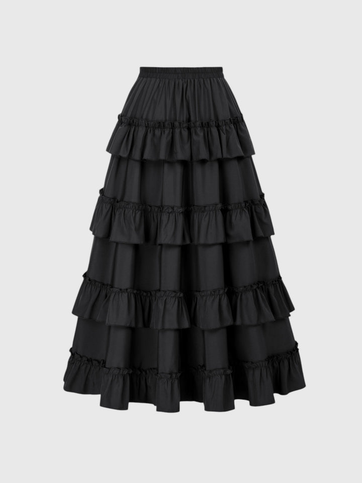 Black Shirred Ruffle A-Line Skirt