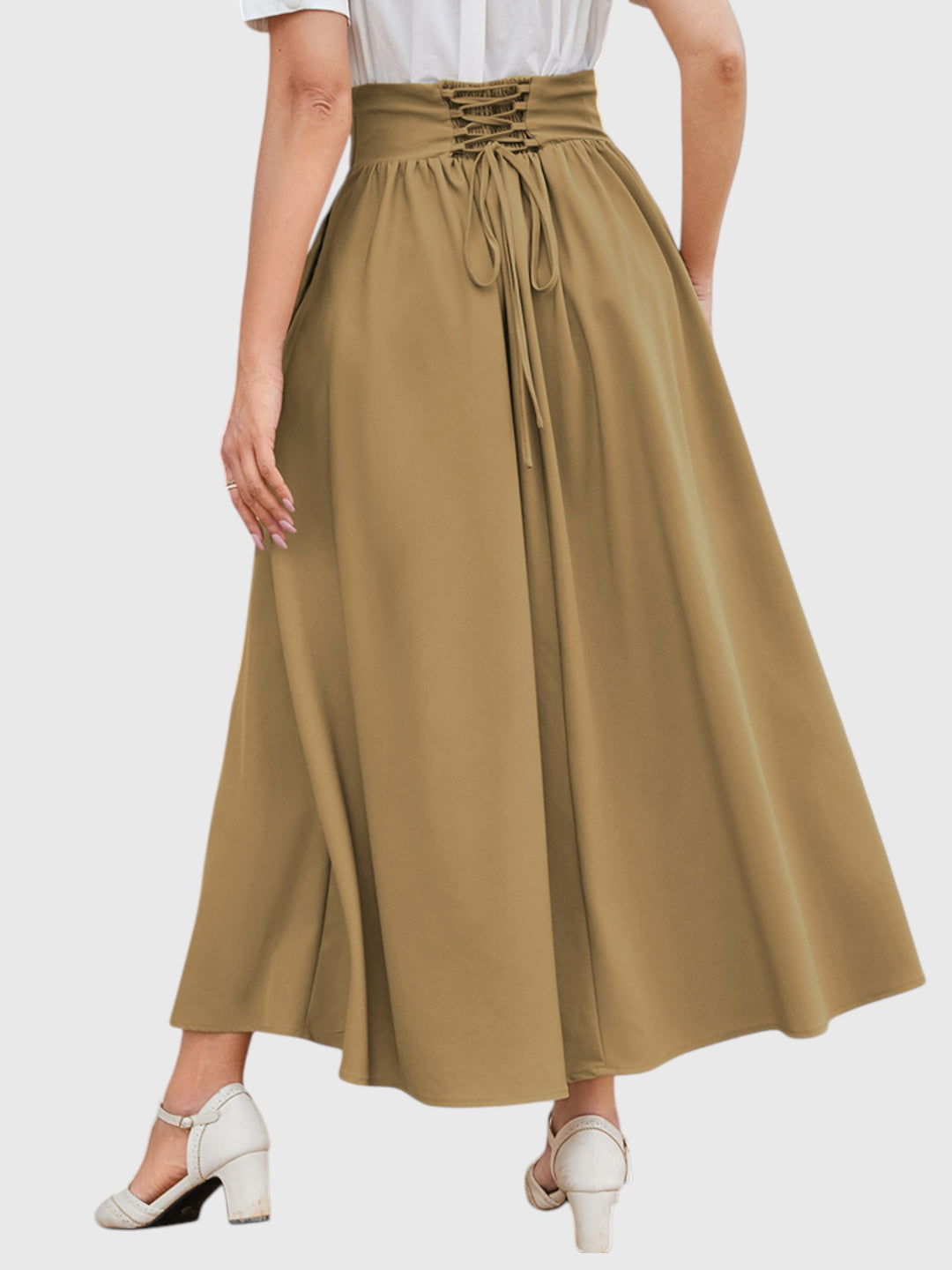 Khaki Vintage High Waist Swing Maxi Skirt
