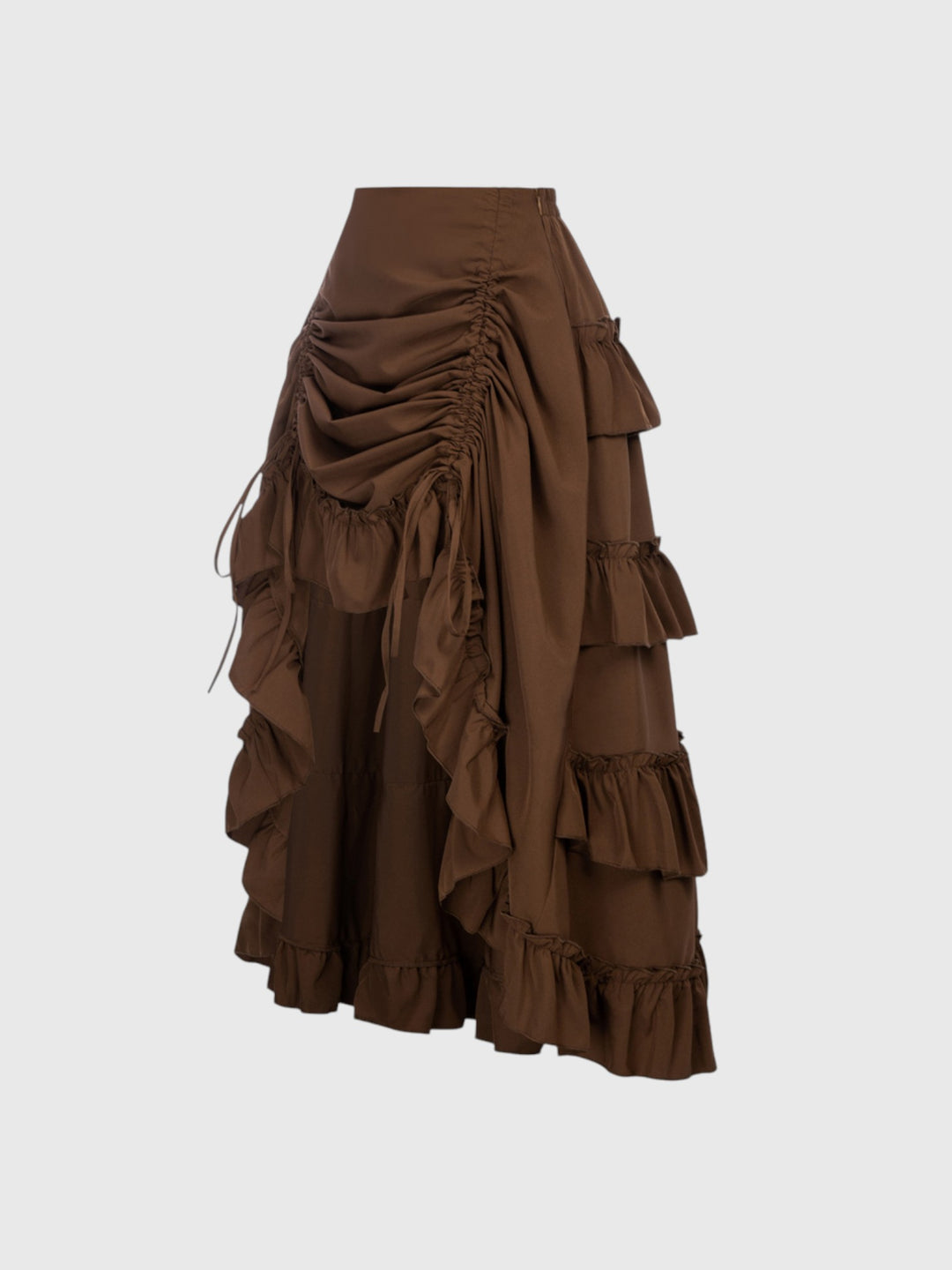 Brown Shirred Ruffle A-Line Skirt