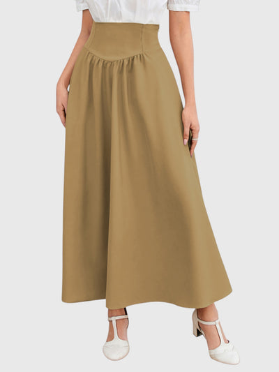 Khaki Vintage High Waist Swing Maxi Skirt