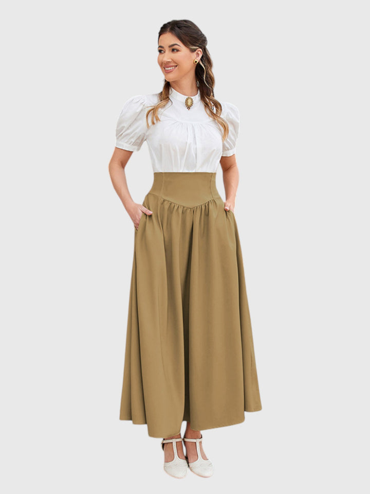 Khaki Vintage High Waist Swing Maxi Skirt