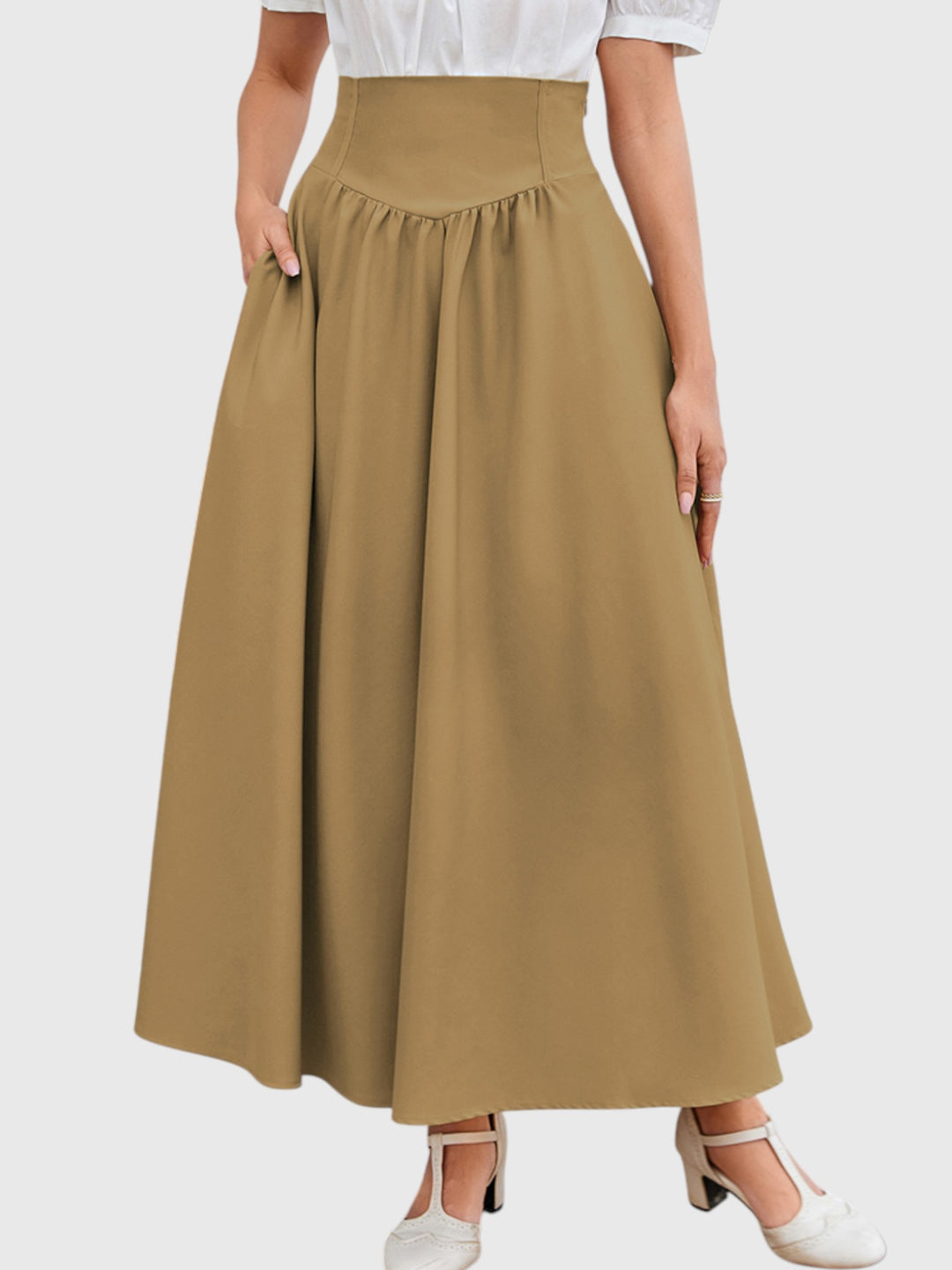 Khaki Vintage High Waist Swing Maxi Skirt