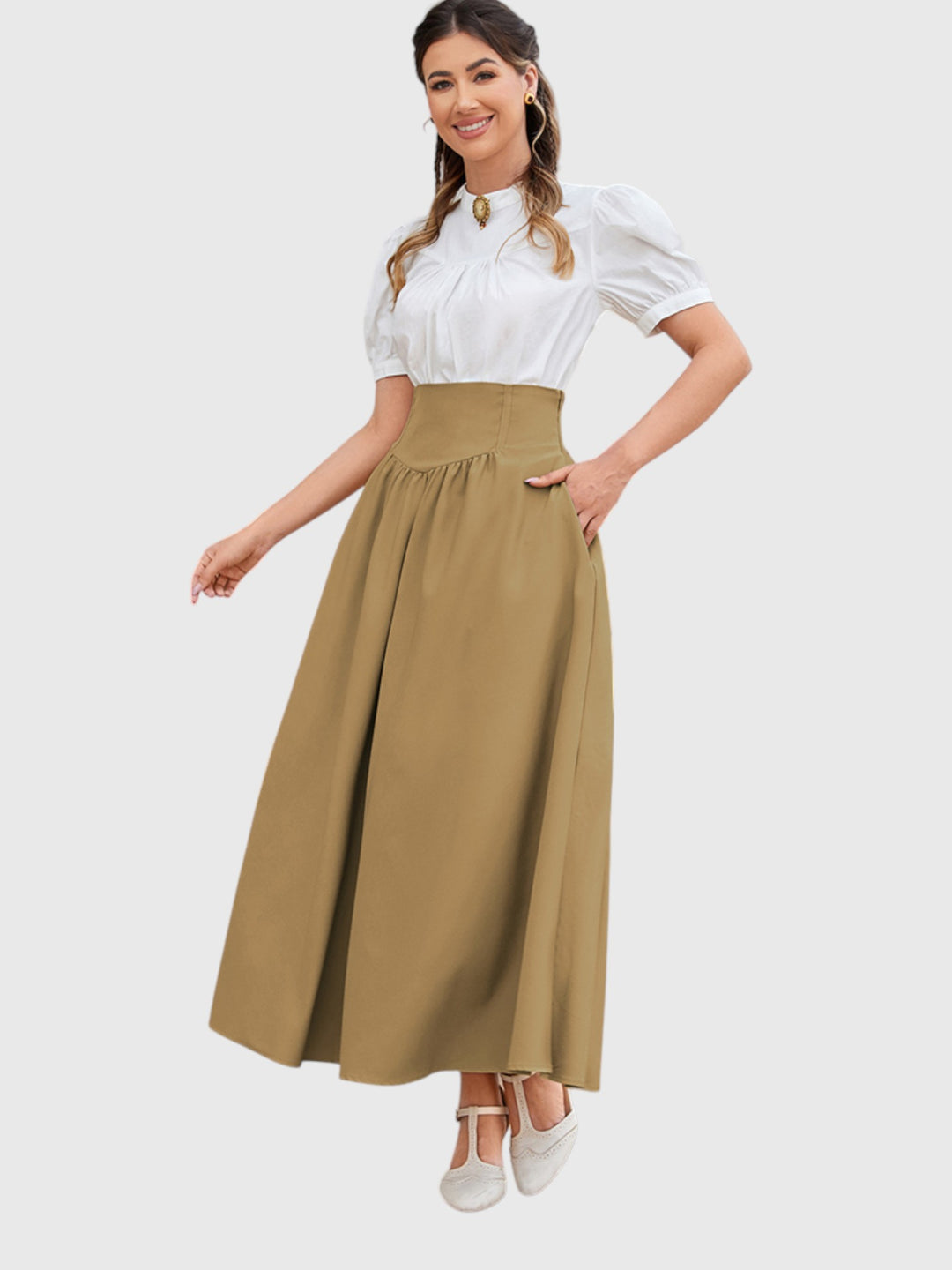 Khaki Vintage High Waist Swing Maxi Skirt