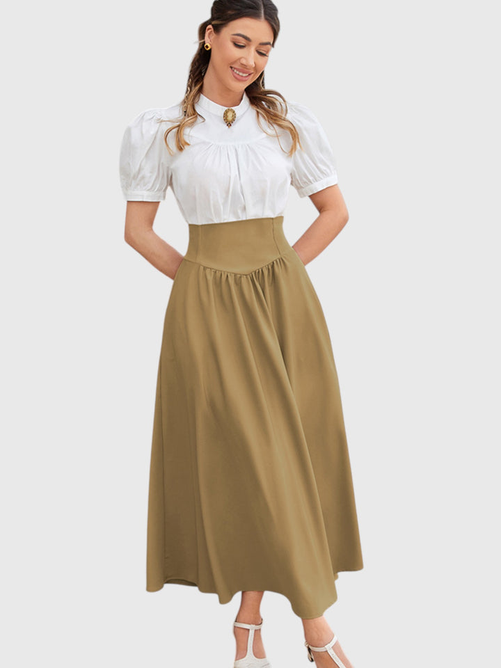 Khaki Vintage High Waist Swing Maxi Skirt