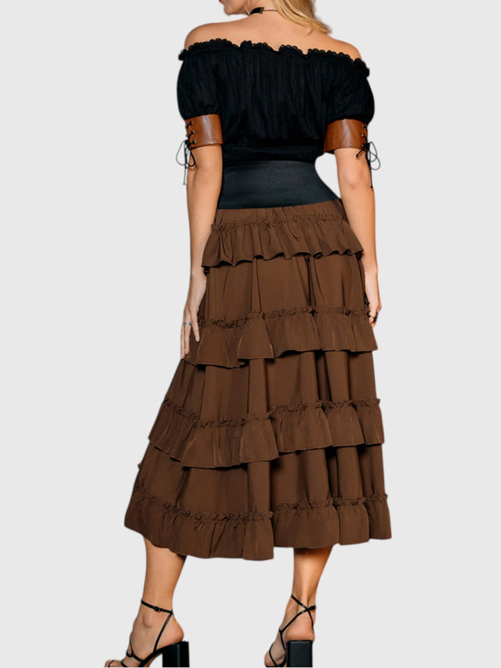 Brown Shirred Ruffle A-Line Skirt