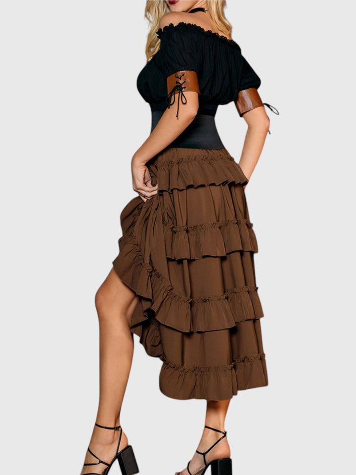 Brown Shirred Ruffle A-Line Skirt
