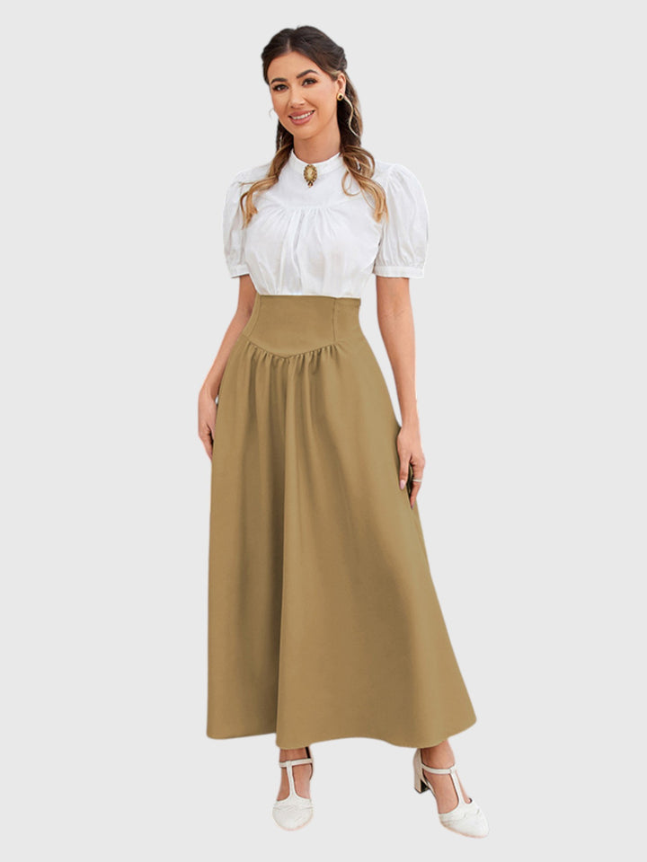 Khaki Vintage High Waist Swing Maxi Skirt