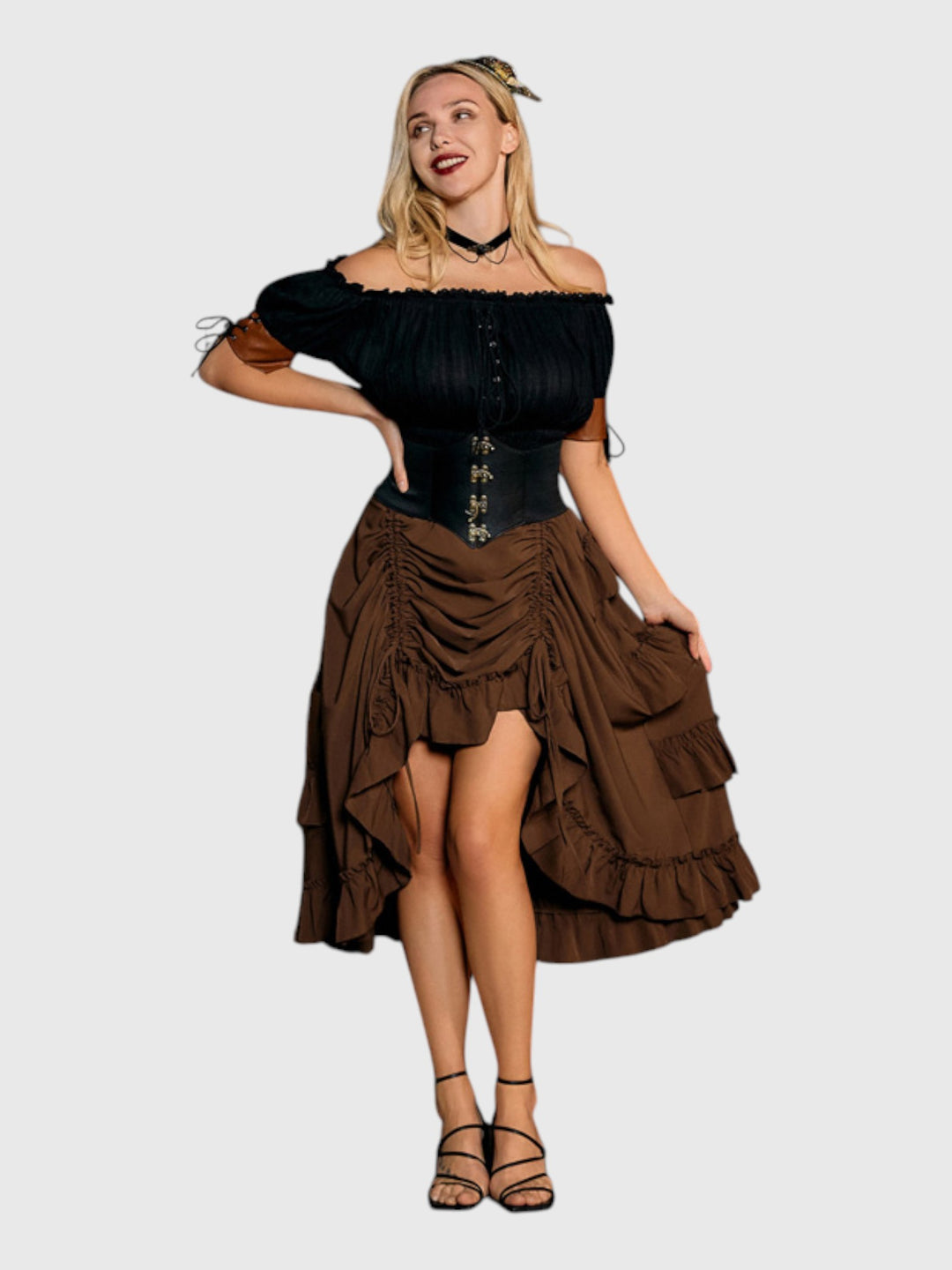 Brown Shirred Ruffle A-Line Skirt