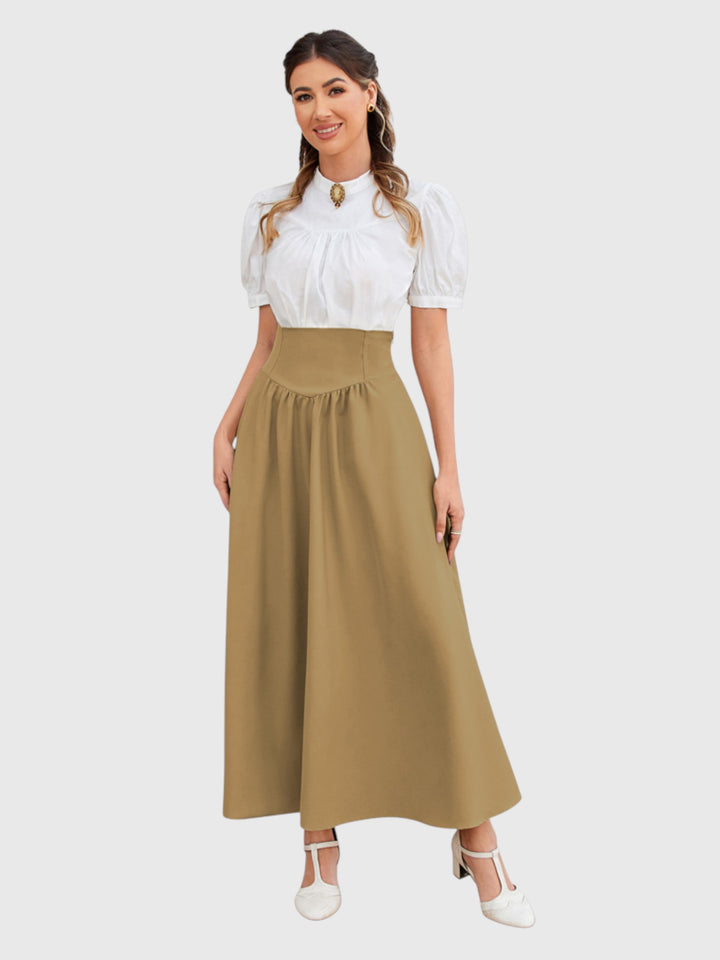 Khaki Vintage High Waist Swing Maxi Skirt