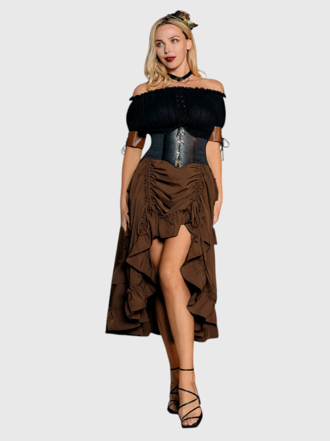 Brown Shirred Ruffle A-Line Skirt