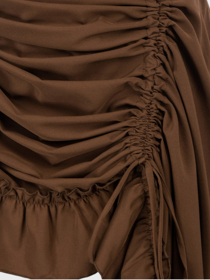 Brown Shirred Ruffle A-Line Skirt