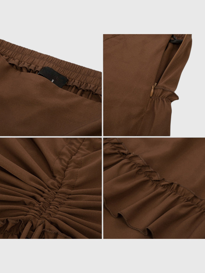Brown Shirred Ruffle A-Line Skirt