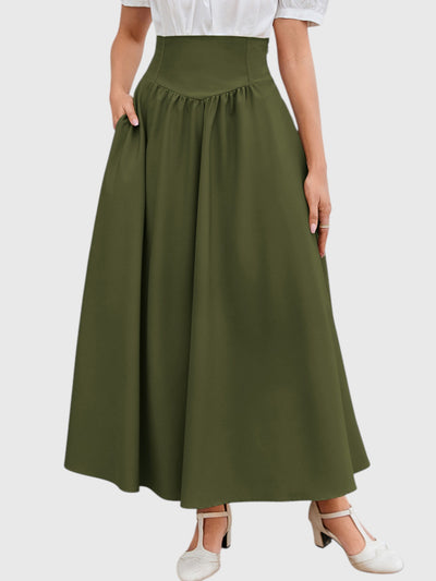 Green Vintage High Waist Swing Maxi Skirt