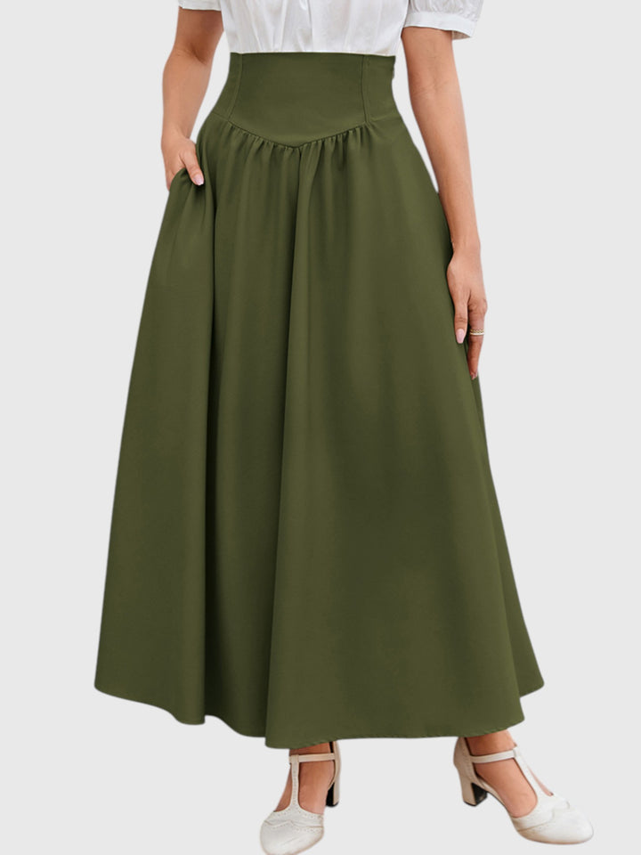 Green Vintage High Waist Swing Maxi Skirt