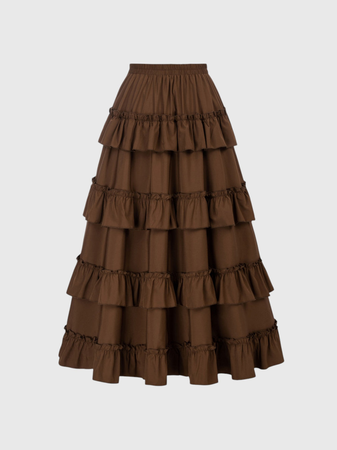 Brown Shirred Ruffle A-Line Skirt