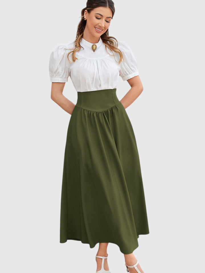 Green Vintage High Waist Swing Maxi Skirt