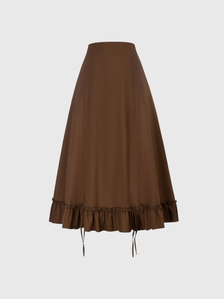 Brown Shirred Ruffle A-Line Skirt
