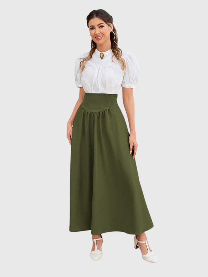 Green Vintage High Waist Swing Maxi Skirt