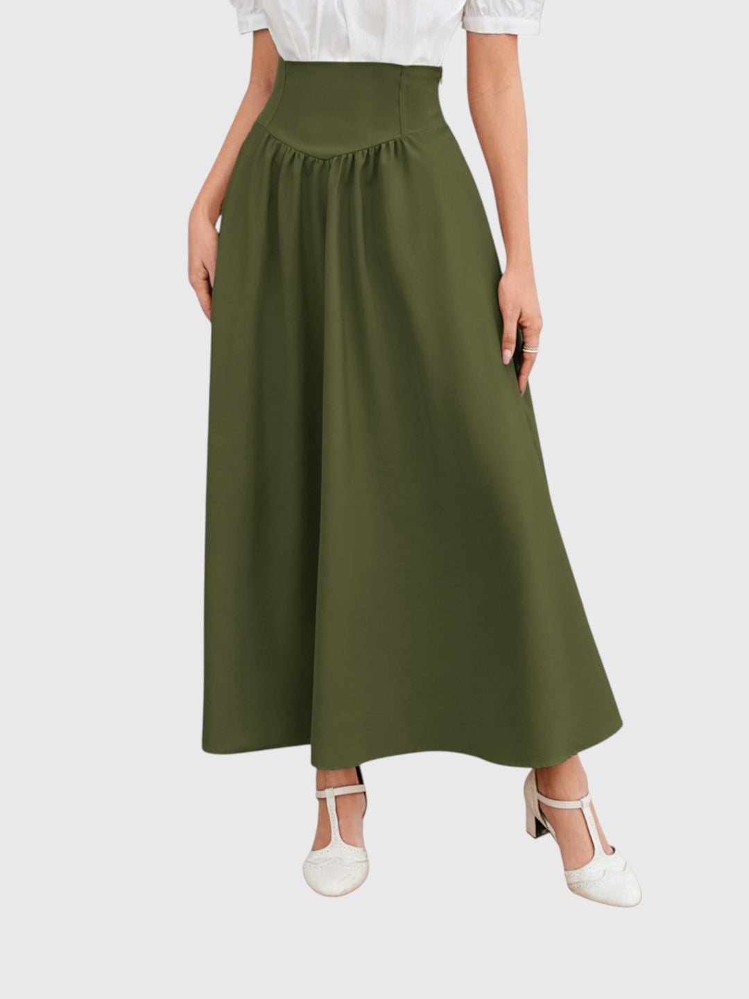 Green Vintage High Waist Swing Maxi Skirt