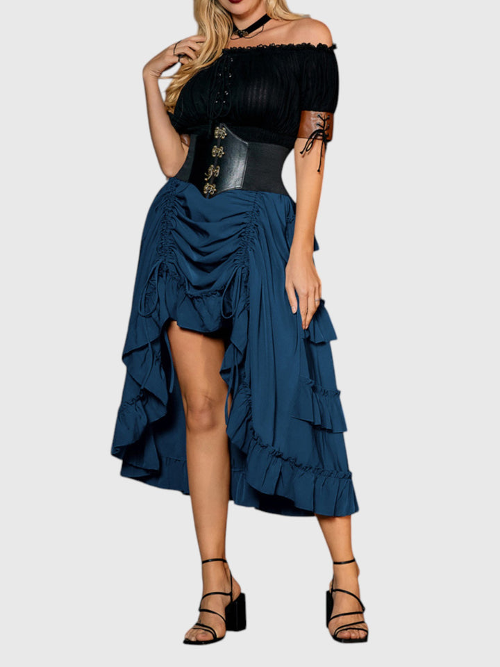 Blue Shirred Ruffle A-Line Skirt