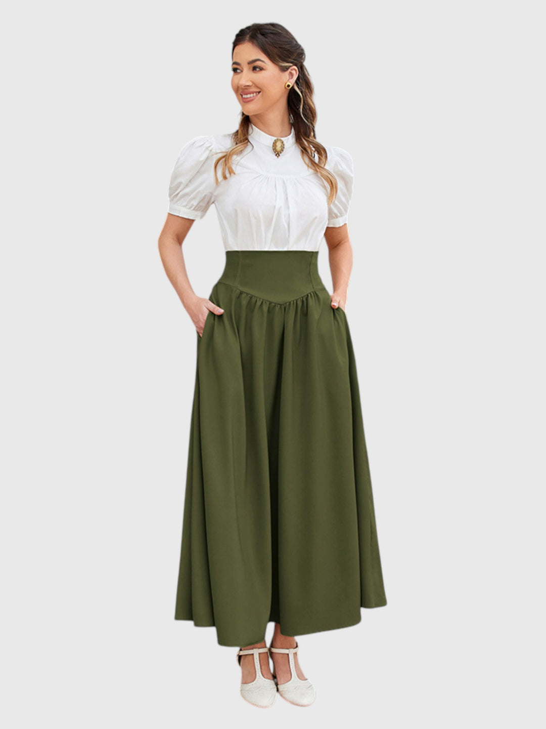 Green Vintage High Waist Swing Maxi Skirt