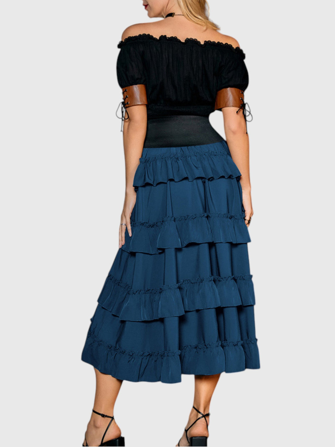 Blue Shirred Ruffle A-Line Skirt