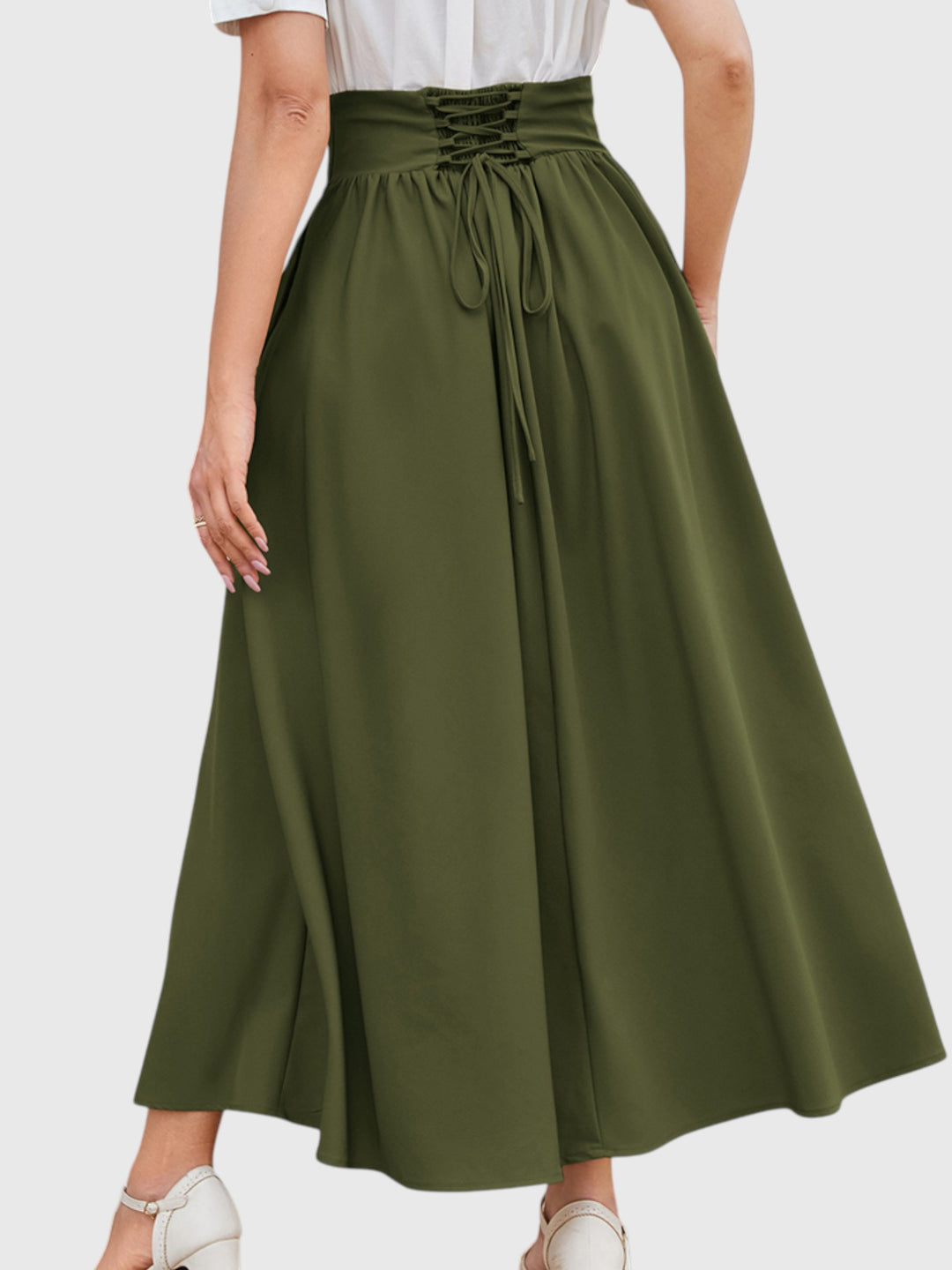 Green Vintage High Waist Swing Maxi Skirt