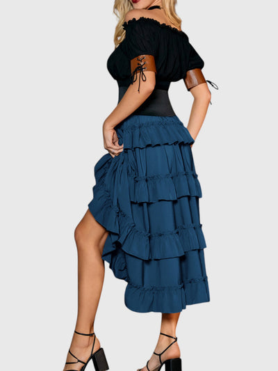 Blue Shirred Ruffle A-Line Skirt