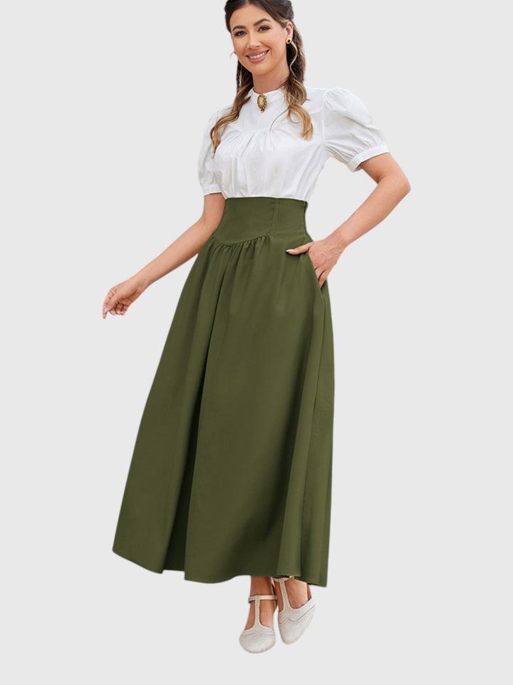 Green Vintage High Waist Swing Maxi Skirt