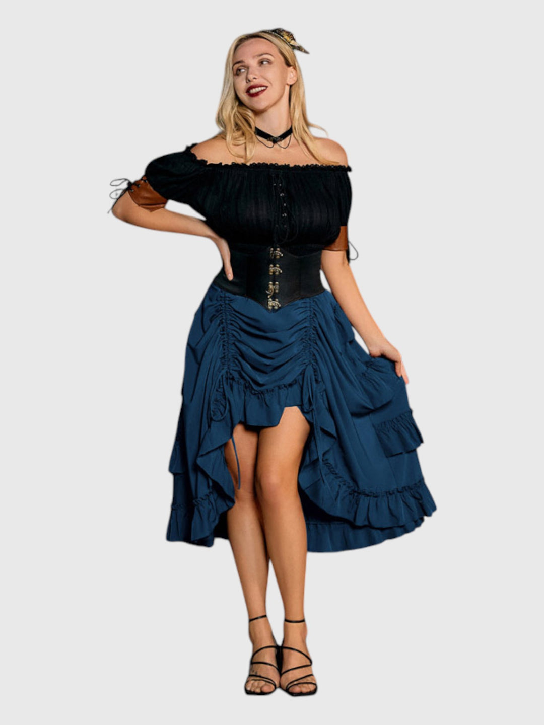Blue Shirred Ruffle A-Line Skirt