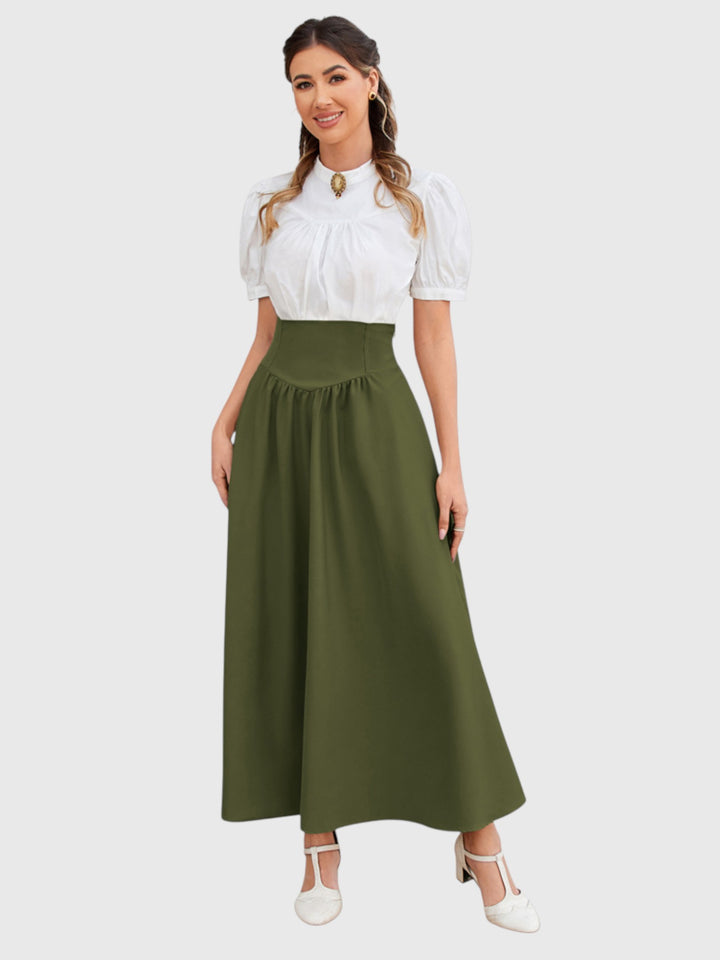 Green Vintage High Waist Swing Maxi Skirt