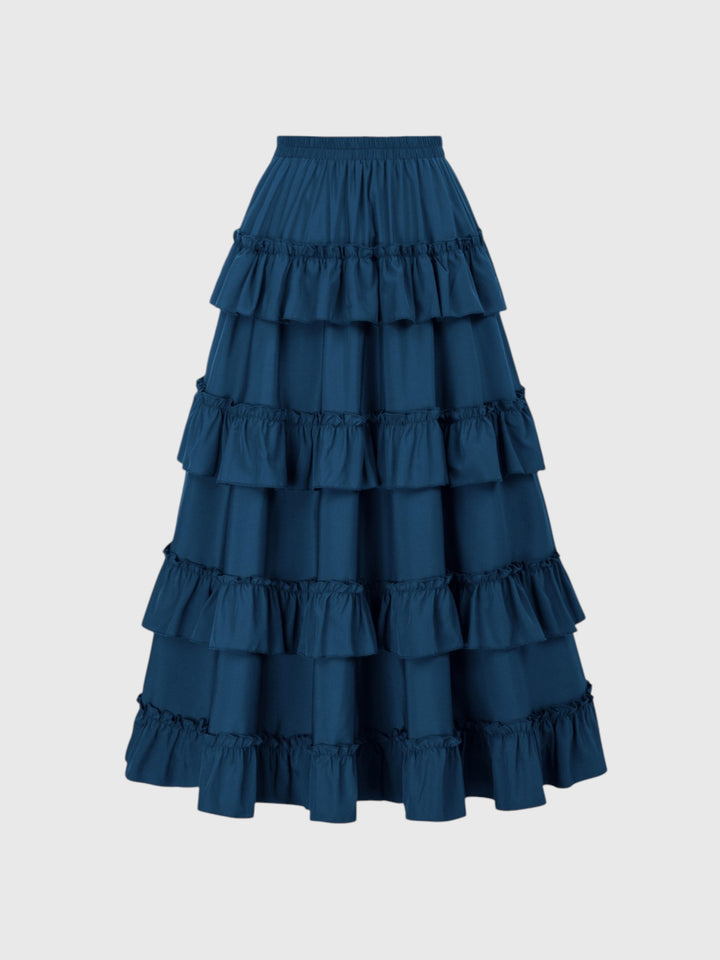 Blue Shirred Ruffle A-Line Skirt