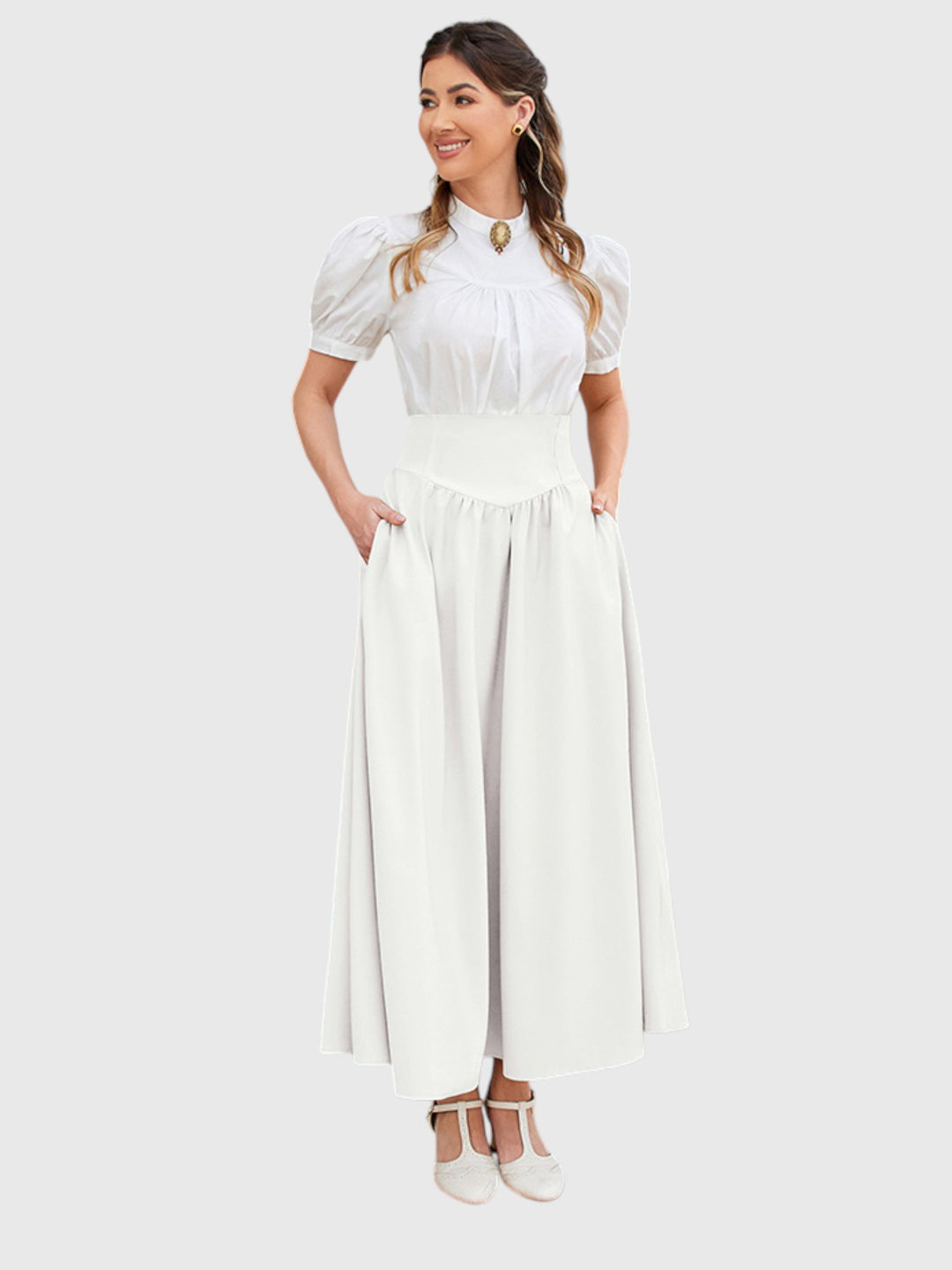 White Vintage High Waist Swing Maxi Skirt