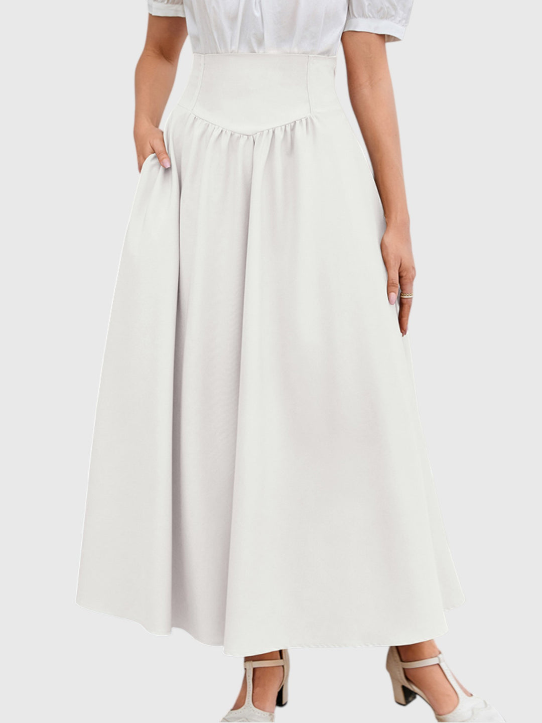 White Vintage High Waist Swing Maxi Skirt