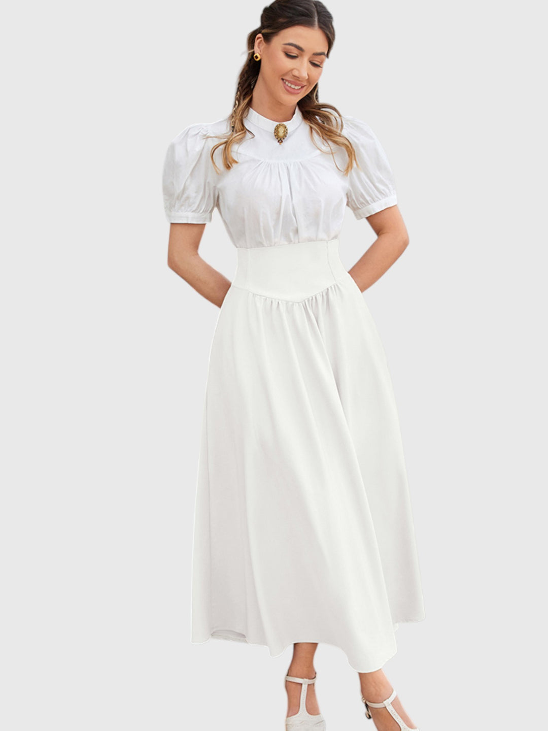White Vintage High Waist Swing Maxi Skirt