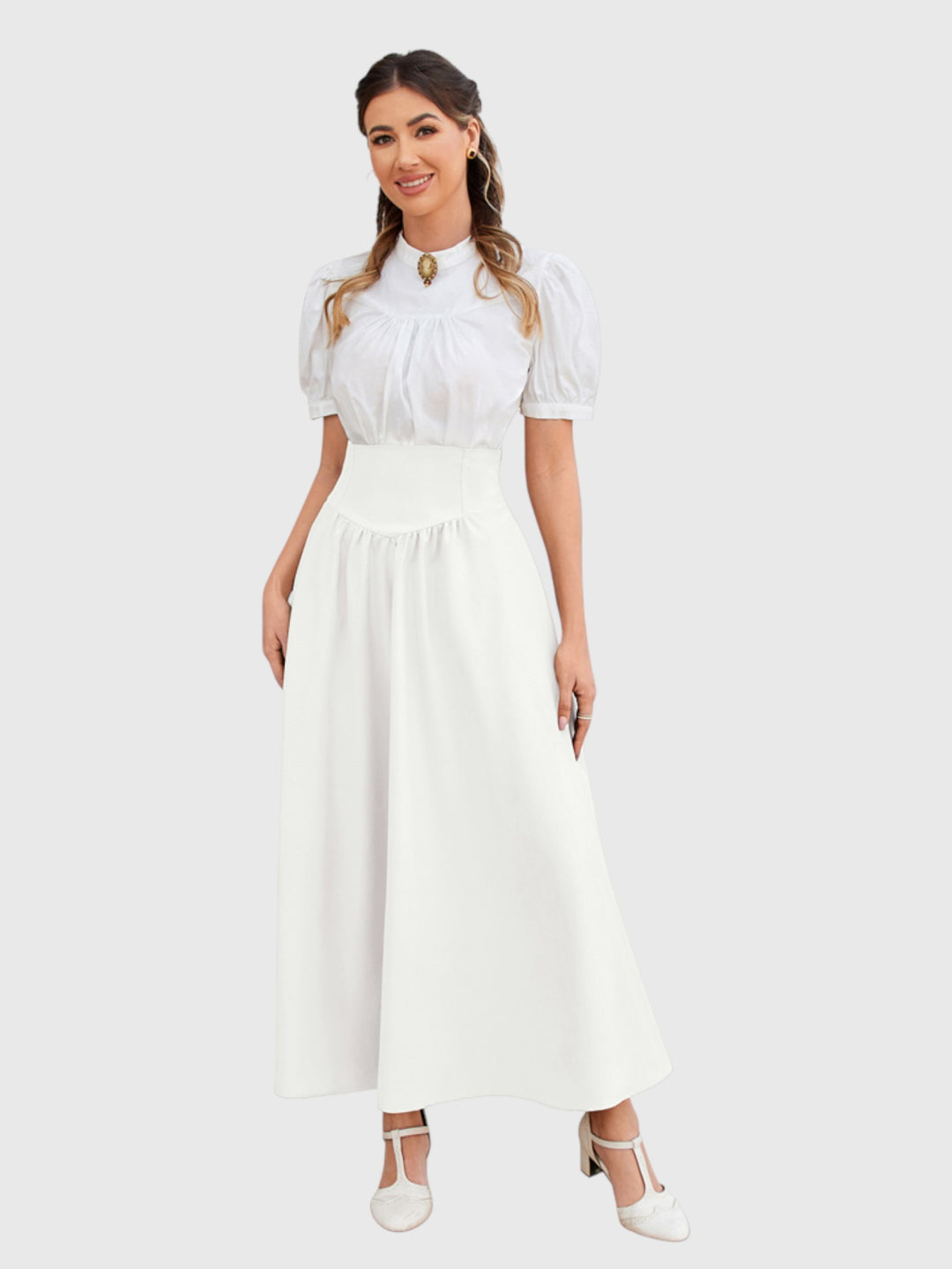 White Vintage High Waist Swing Maxi Skirt