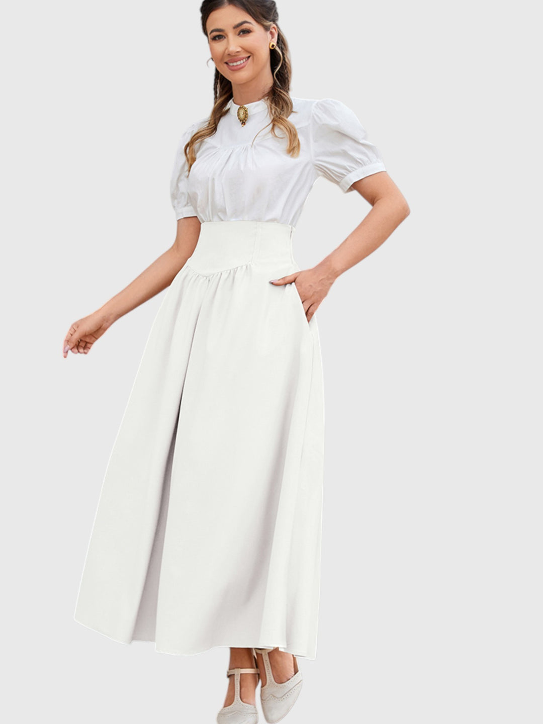 White Vintage High Waist Swing Maxi Skirt