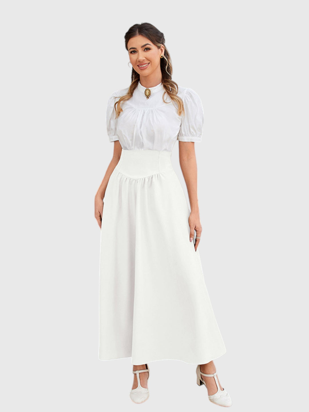 White Vintage High Waist Swing Maxi Skirt