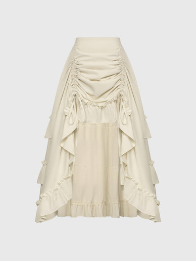 Beige Shirred Ruffle A-Line Skirt