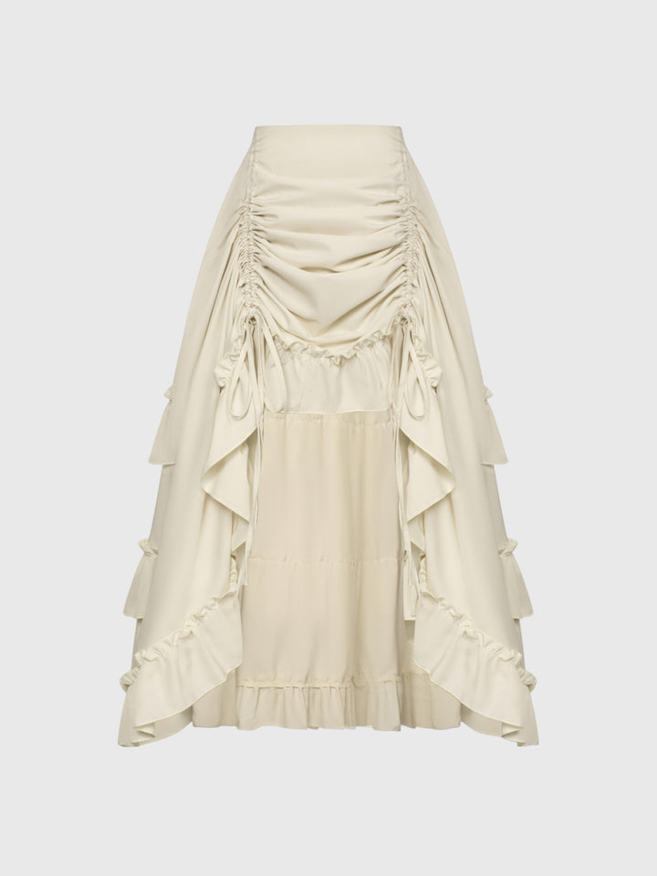 Beige Shirred Ruffle A-Line Skirt
