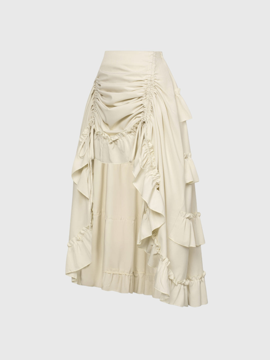 Beige Shirred Ruffle A-Line Skirt