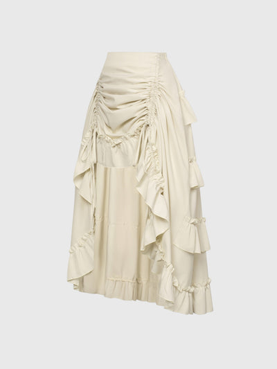 Beige Shirred Ruffle A-Line Skirt