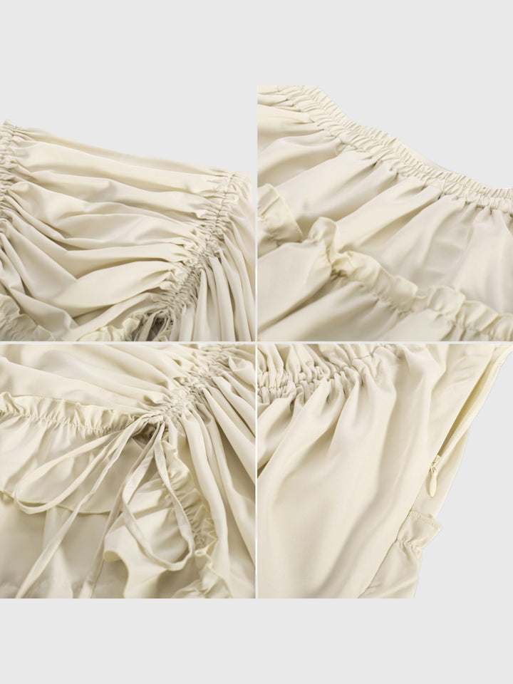 Beige Shirred Ruffle A-Line Skirt