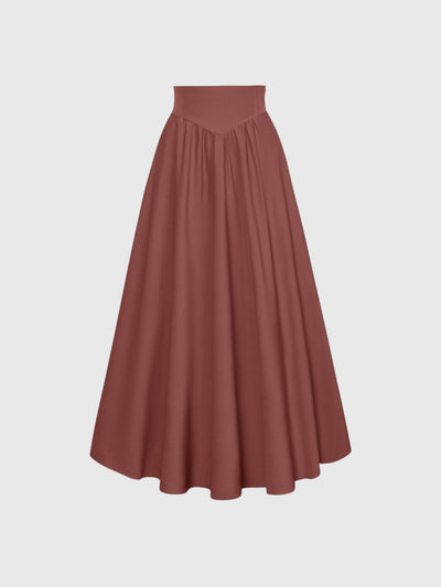 Red-Brown Vintage High Waist Swing Maxi Skirt